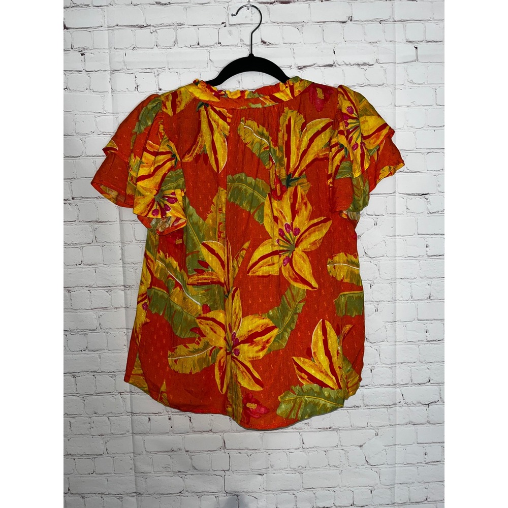 Haute Hippie Orange Tropical Floral‎ V-Neck Tiered Flutter Sleeve Blouse Small - Picture 4 of 5